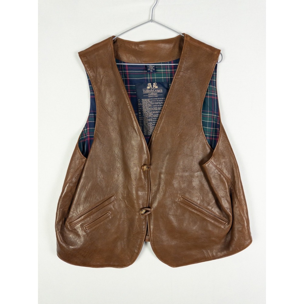 Willis Geiger Mens XL Brown Leather Vest Plaid Lined Made in USA Vintage Outfitt